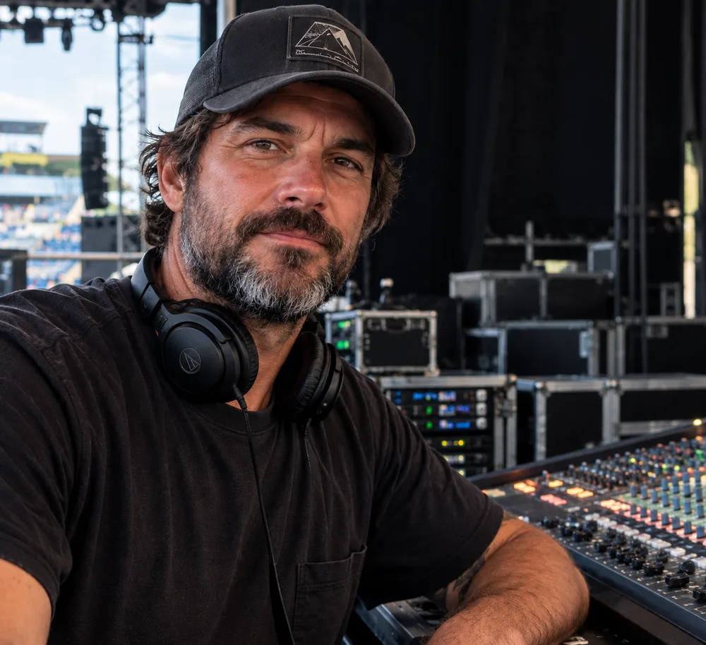 Dean Voss at a front of house mixing console during an outdoor show, headphones around his neck.