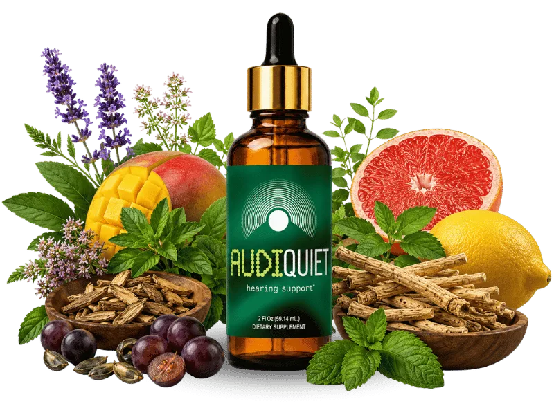 AudiQuiet bottle surrounded by the herbs and fruit extracts in its formula