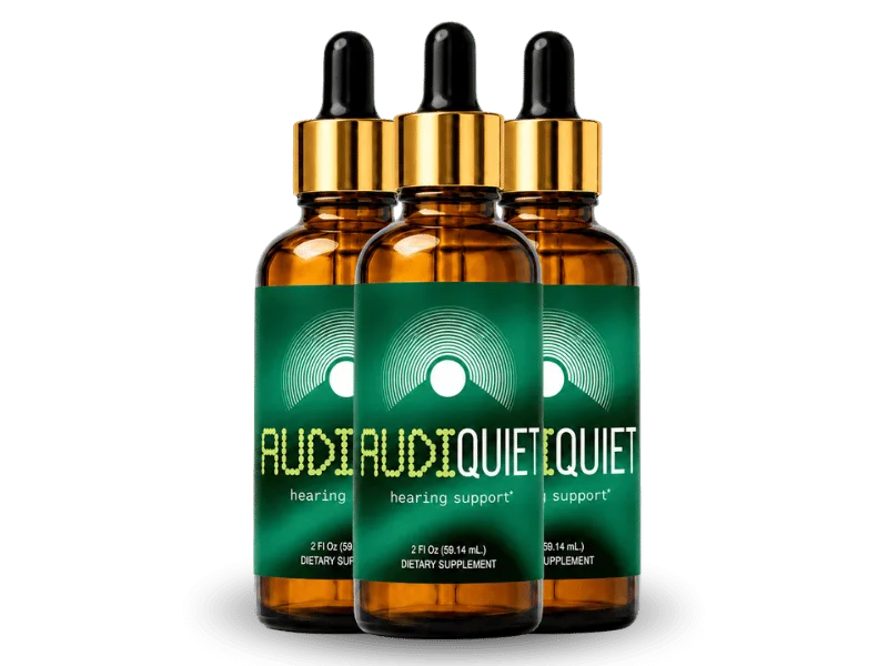 Three bottles of AudiQuiet tinnitus relief drops with dropper caps