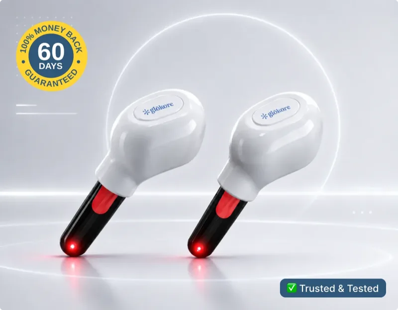 Two Glokore CalmPod red light therapy earbuds, one for each ear