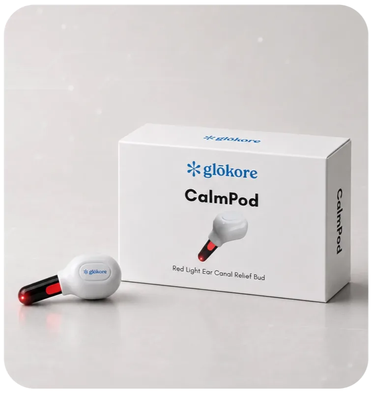 Glokore CalmPod red light therapy ear device next to its box